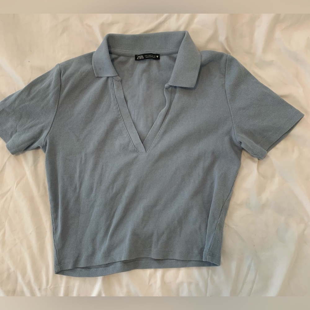 ZARA Pale Blue Ribbed Polo V-Neck Tee